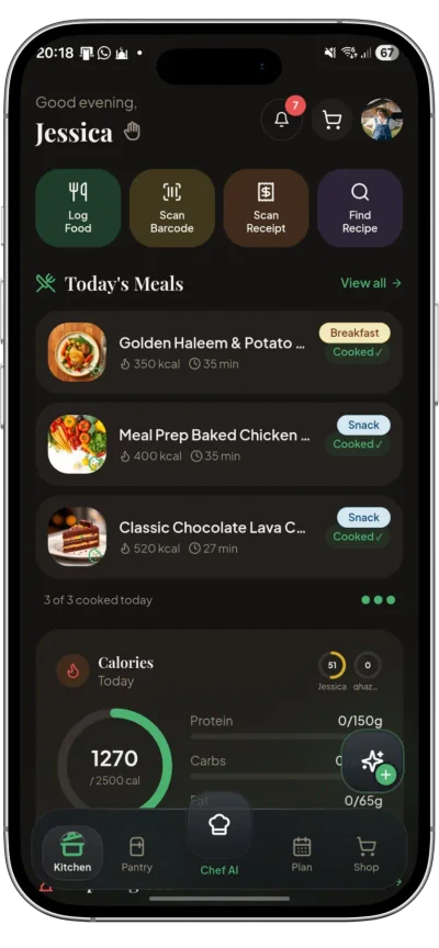 Kivella app home screen with today's meals, calorie progress and buttons to scan barcodes and receipts