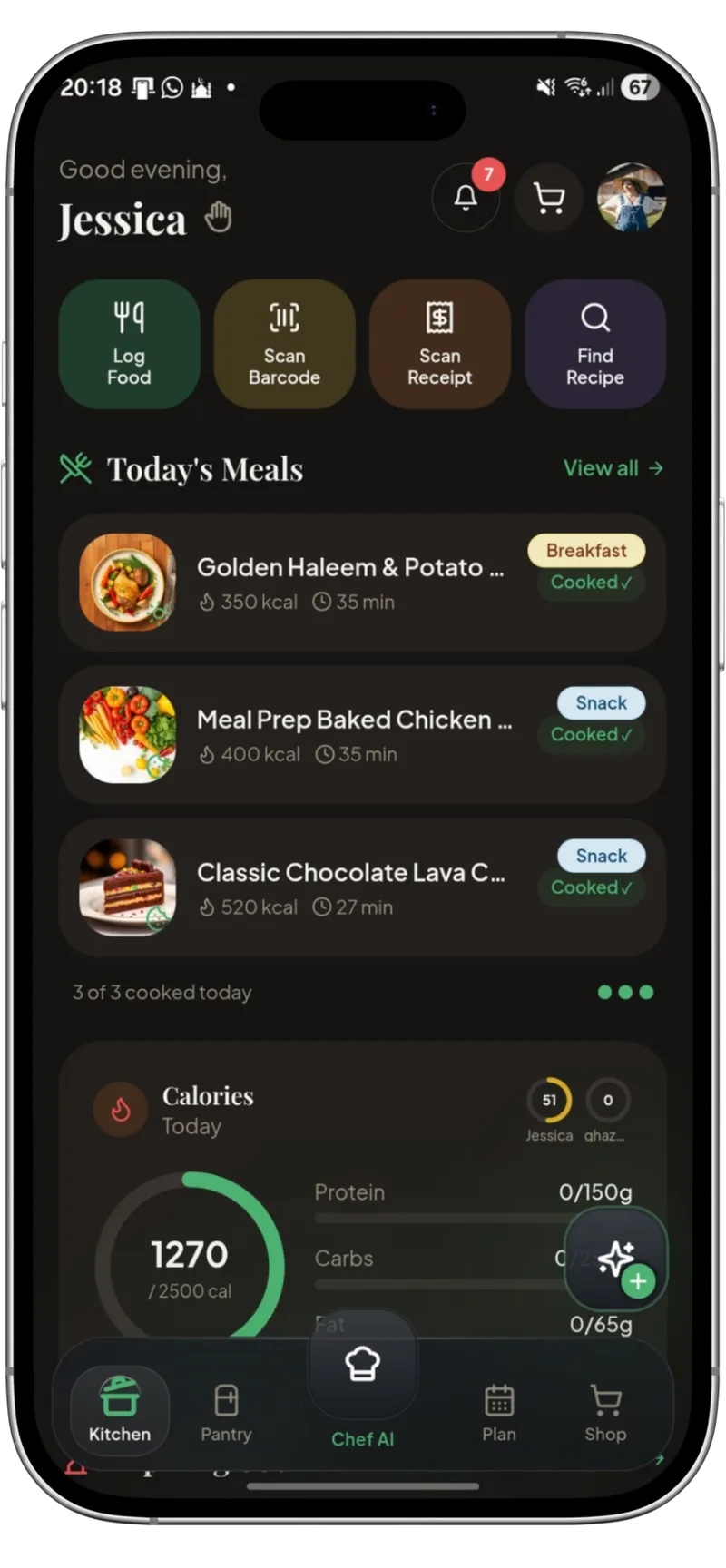 Kivella kitchen home screen with today's meals and calorie progress