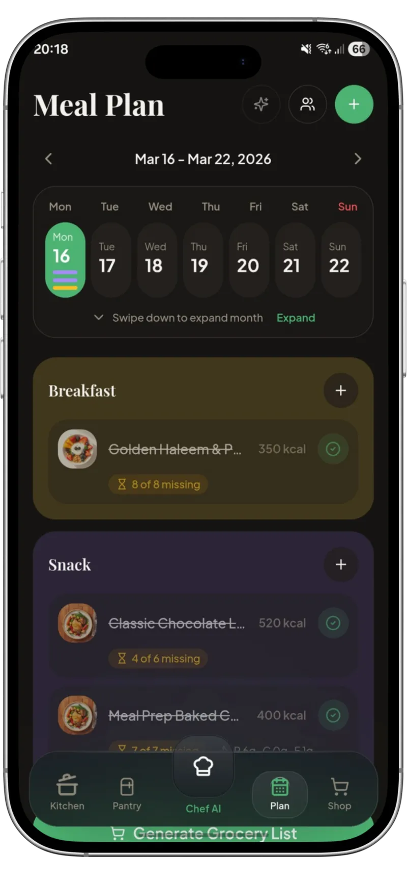 Kivella weekly meal plan showing how many ingredients each meal is missing