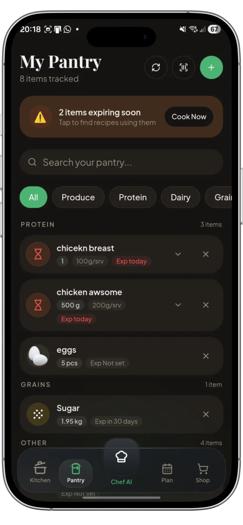 Kivella pantry screen with food grouped by category, quantities and expiry dates