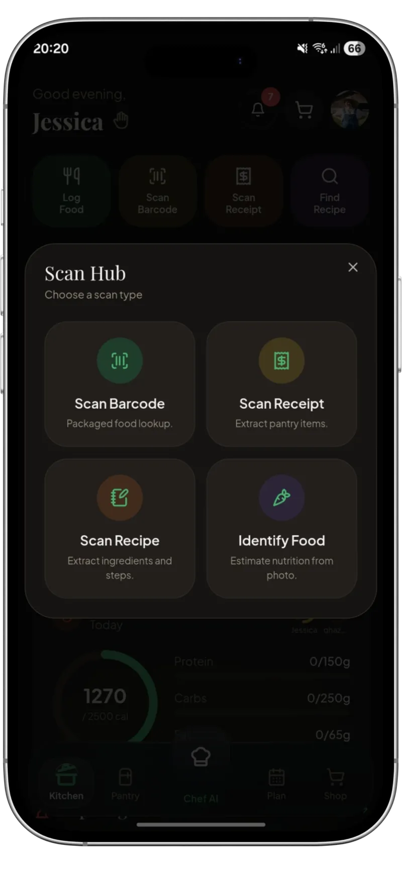 Kivella Scan Hub with barcode, receipt, recipe and food photo options